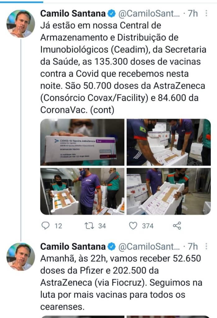 Dois lotes com mais de 135 mil doses de vacina chegam ao Ceará